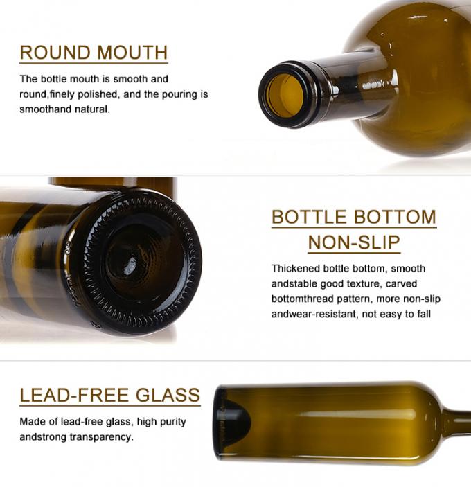 Garrafa de vinho de vidro verde âmbar de 750 ml reciclada de Bordeaux com tampa 3