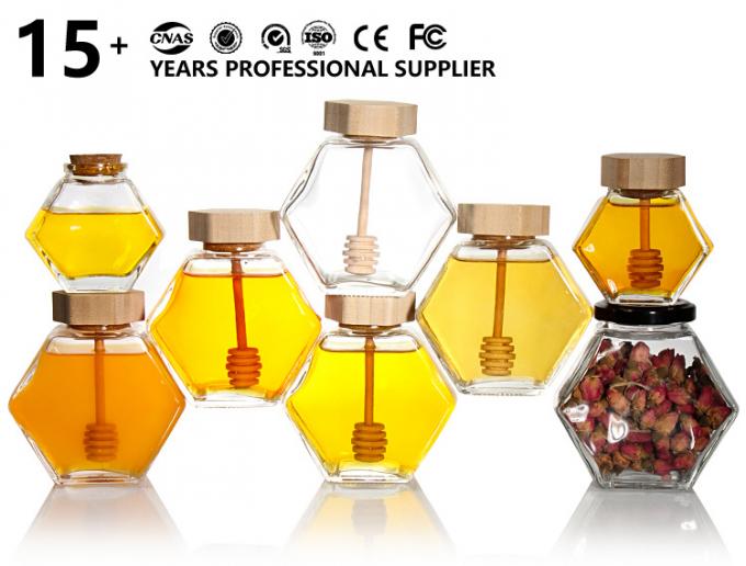 Hexagonal espessado Transparente armazenamento de alimentos de diferentes tamanhos frascos de vidro de mel com tampa de metal selada 0