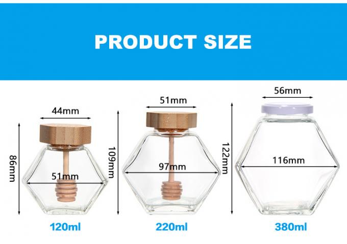Hexagonal espessado Transparente armazenamento de alimentos de diferentes tamanhos frascos de vidro de mel com tampa de metal selada 1