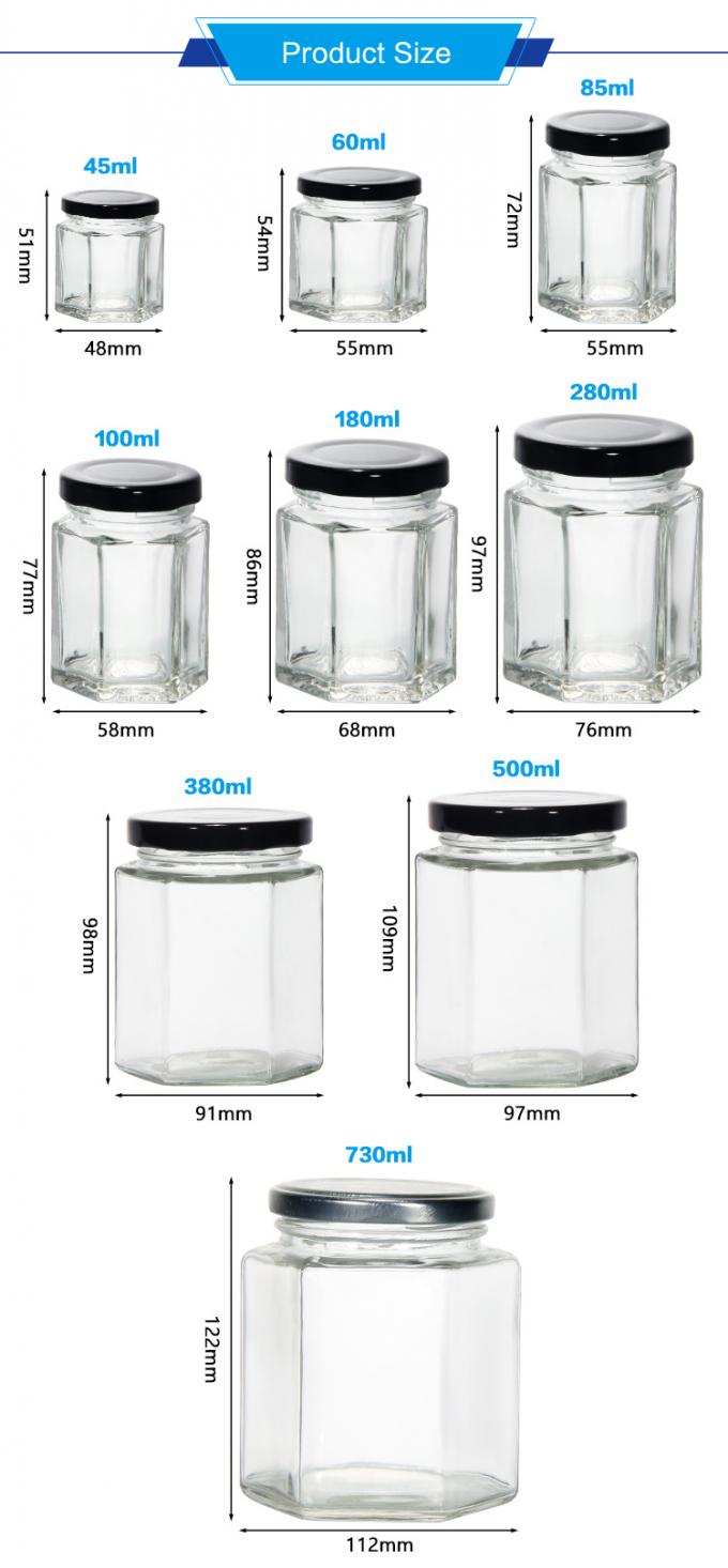 300 ml 200 ml 100 ml Grátis Hexagon Glass Mason Jar Jar Jam Jar Honey Jar Com Fecho de Parafuso Metálico 1