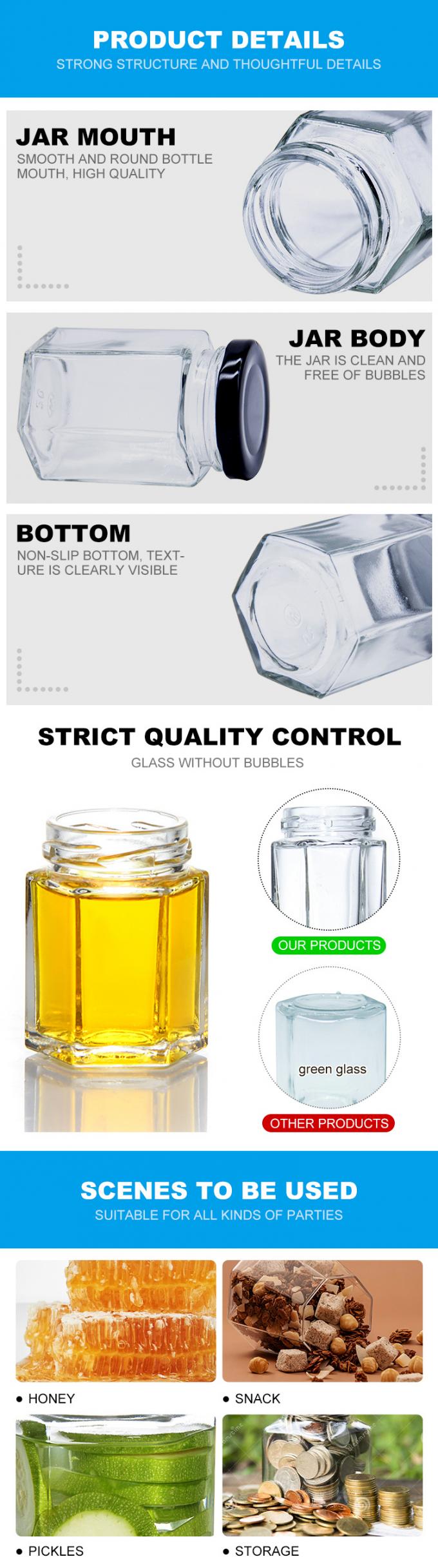 300 ml 200 ml 100 ml Grátis Hexagon Glass Mason Jar Jar Jam Jar Honey Jar Com Fecho de Parafuso Metálico 2