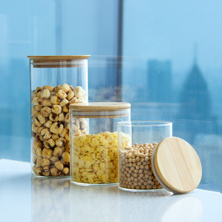 Eco-friendly High Borosilicate Food Airtight Kitchen Glass Storage Jars With Bamboo Wooden Lids (Jarros de vidro para armazenamento de cozinha hermético)