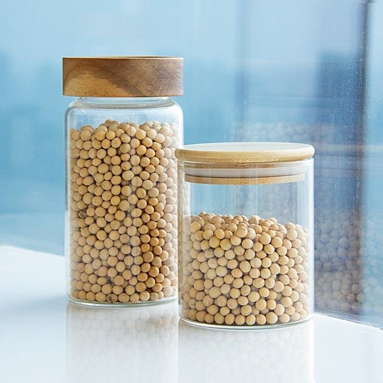 Eco-friendly High Borosilicate Food Airtight Kitchen Glass Storage Jars With Bamboo Wooden Lids (Jarros de vidro para armazenamento de cozinha hermético)