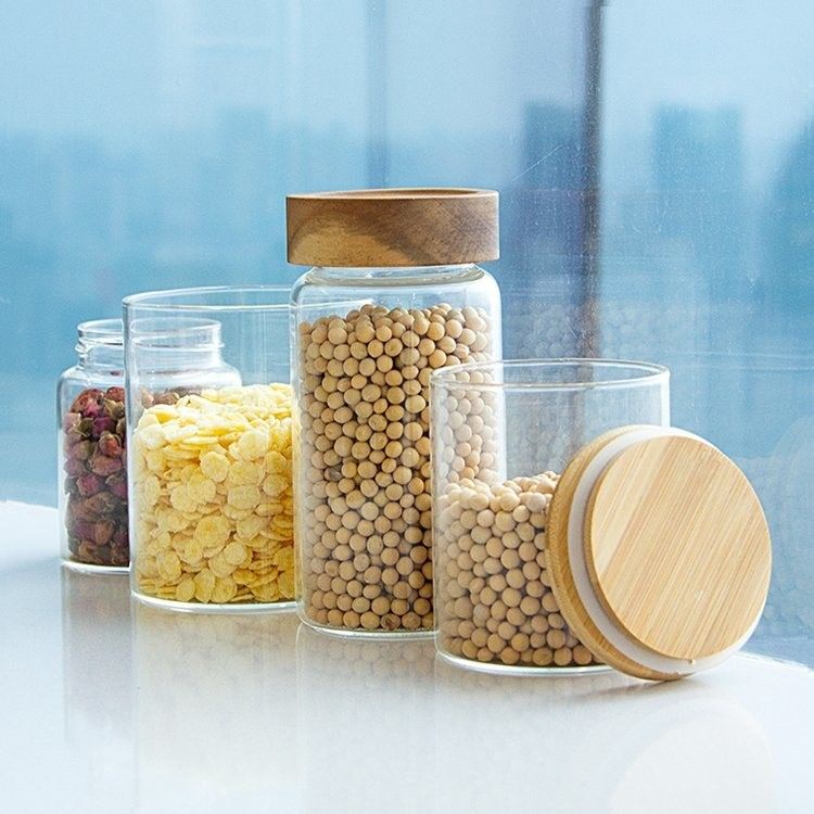 Eco-friendly High Borosilicate Food Airtight Kitchen Glass Storage Jars With Bamboo Wooden Lids (Jarros de vidro para armazenamento de cozinha hermético)