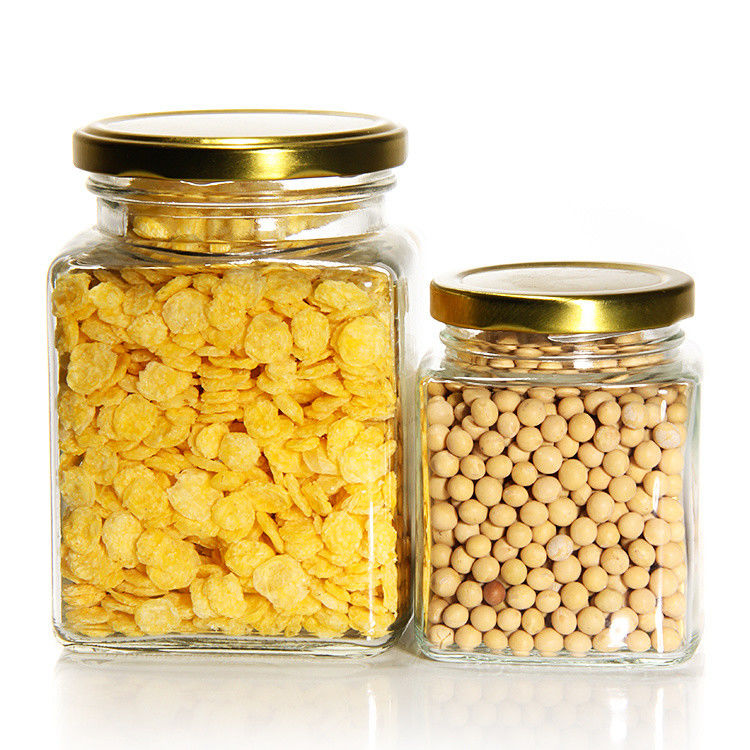 Top Grade Quadrado 180 Ml 280 Ml 380 Ml 500 Ml 730 Ml Vidro Jar de Armazenamento com tampa de placa de estanho