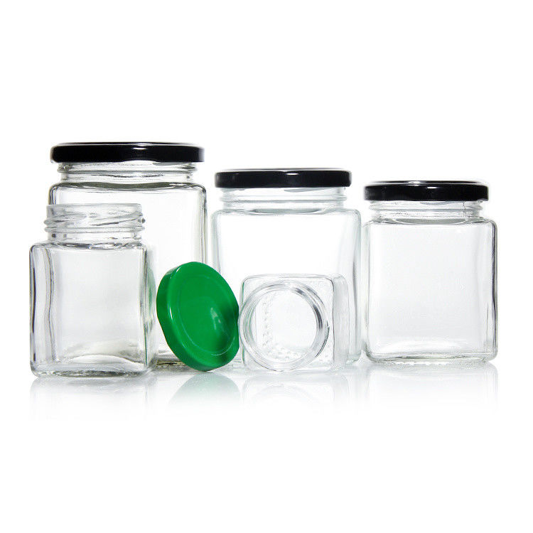 Top Grade Quadrado 180 Ml 280 Ml 380 Ml 500 Ml 730 Ml Vidro Jar de Armazenamento com tampa de placa de estanho