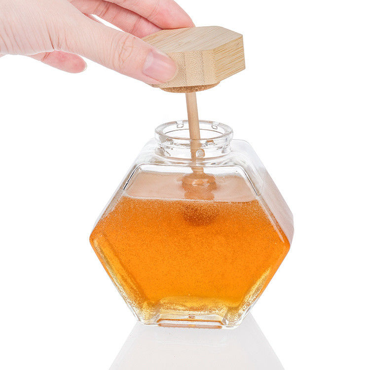 Forma hexagonal Vidro transparente Jar de armazenamento de alimentos de cozinha com tampa de aço inoxidável ou tampa transparente