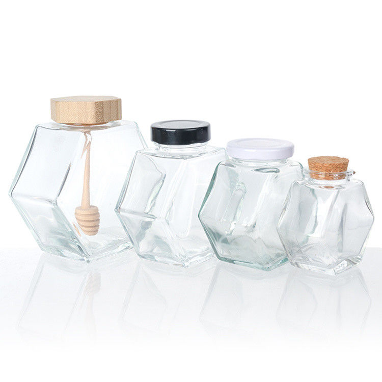 Forma hexagonal Vidro transparente Jar de armazenamento de alimentos de cozinha com tampa de aço inoxidável ou tampa transparente