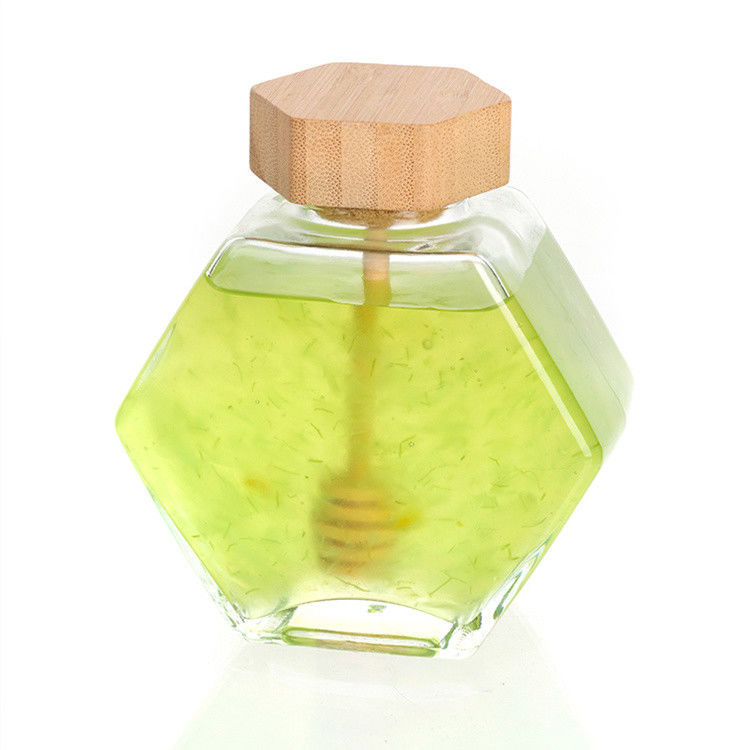 Forma hexagonal Vidro transparente Jar de armazenamento de alimentos de cozinha com tampa de aço inoxidável ou tampa transparente