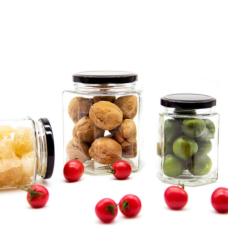 Container de armazenamento selado transparente de diferentes tamanhos frasco de vidro hexagonal vazio para cozinha