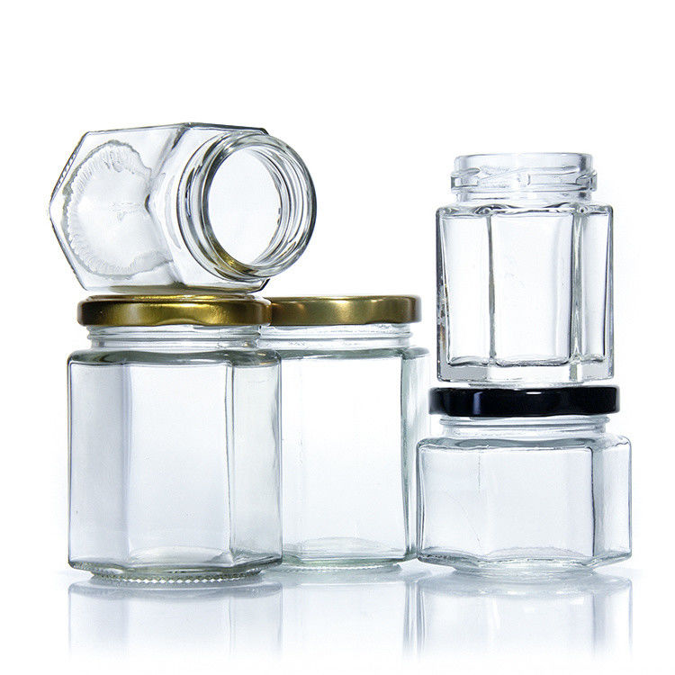 Container de armazenamento selado transparente de diferentes tamanhos frasco de vidro hexagonal vazio para cozinha
