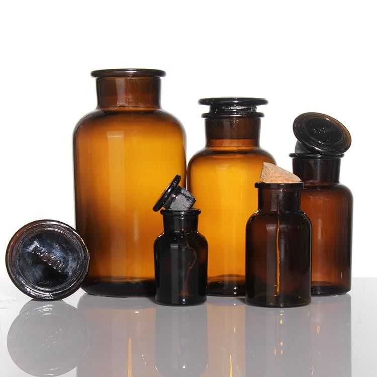 Botão de reagente de boca larga de 125 ml de âmbar de vidro vintage