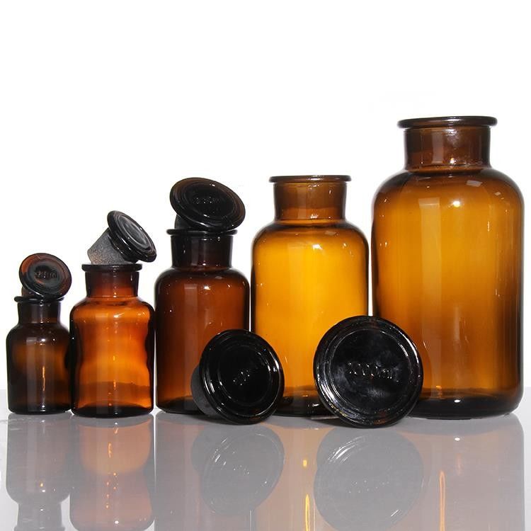 Botão de reagente de boca larga de 125 ml de âmbar de vidro vintage