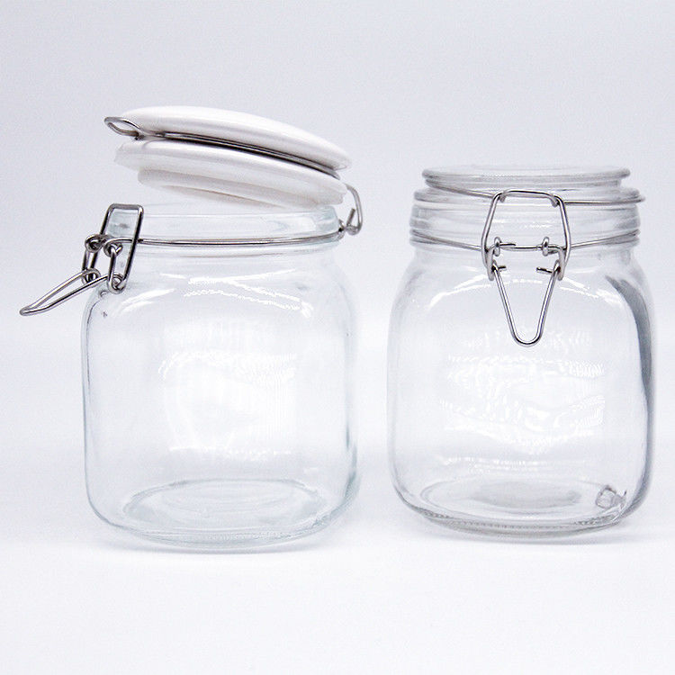 Frasco de manteiga de picles de vidro de 100 ml, 150 ml e 200 ml, transparente, de tipo curto, com tampa de clipe de fivela de metal