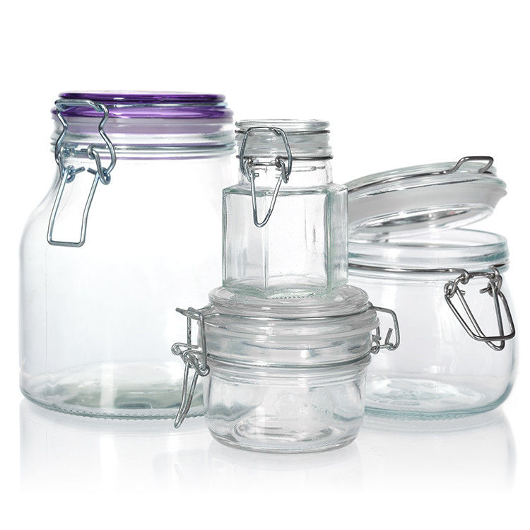 Frasco de manteiga de picles de vidro de 100 ml, 150 ml e 200 ml, transparente, de tipo curto, com tampa de clipe de fivela de metal