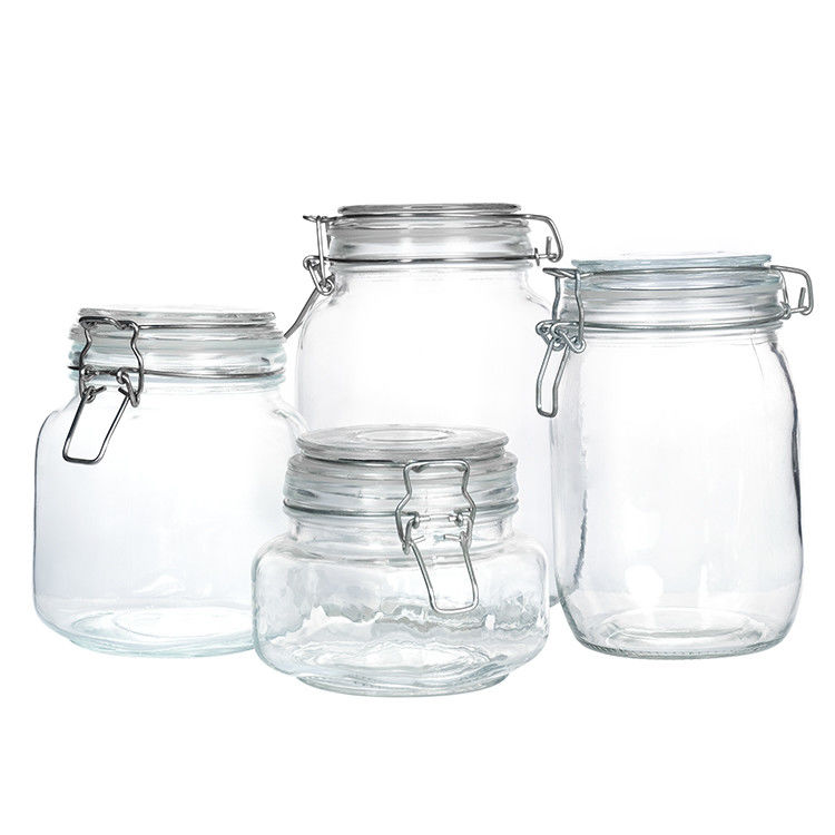 Frasco de manteiga de picles de vidro de 100 ml, 150 ml e 200 ml, transparente, de tipo curto, com tampa de clipe de fivela de metal
