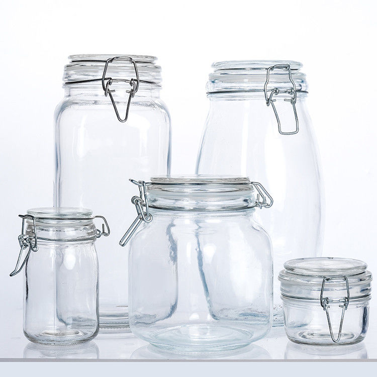 Frasco de manteiga de picles de vidro de 100 ml, 150 ml e 200 ml, transparente, de tipo curto, com tampa de clipe de fivela de metal