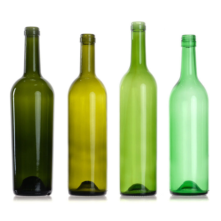 Garrafas de vinho de Bordeaux de vidro redondo de 750 ml, claras, de âmbar e verde, com tampa de cortiça