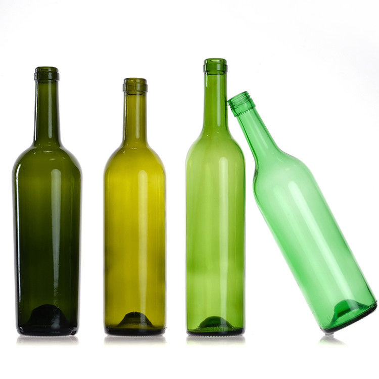 Garrafas de vinho de Bordeaux de vidro redondo de 750 ml, claras, de âmbar e verde, com tampa de cortiça