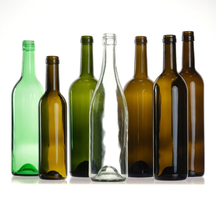 Garrafas de vinho de Bordeaux de vidro redondo de 750 ml, claras, de âmbar e verde, com tampa de cortiça