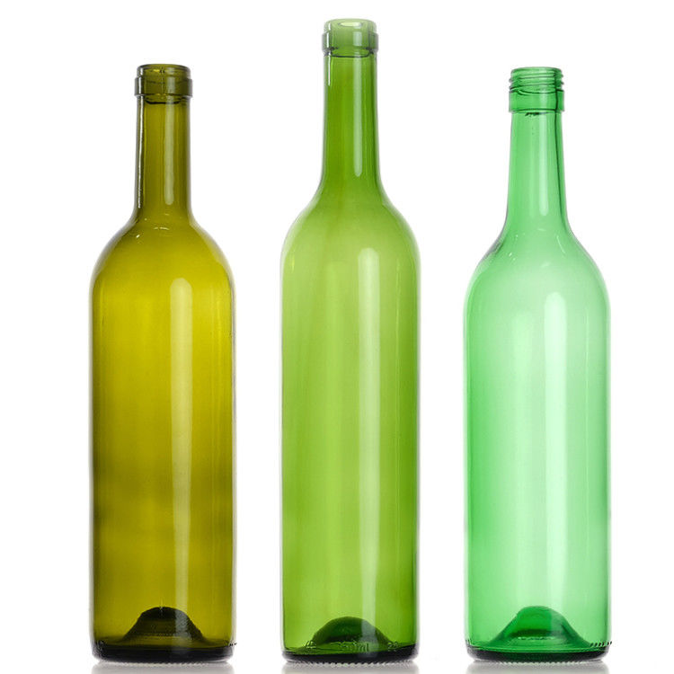 Garrafas de vinho de Bordeaux de vidro redondo de 750 ml, claras, de âmbar e verde, com tampa de cortiça