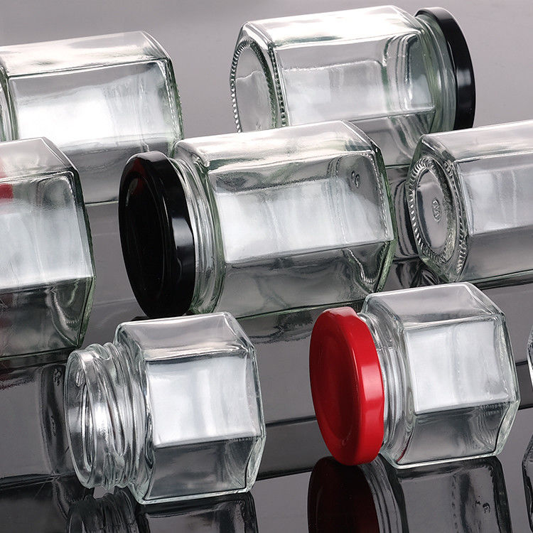 Garrafa de mel vazia de vidro Mini Jar de mel hexagonal 500ml 380ml 180ml 90ml 45ml com tampa