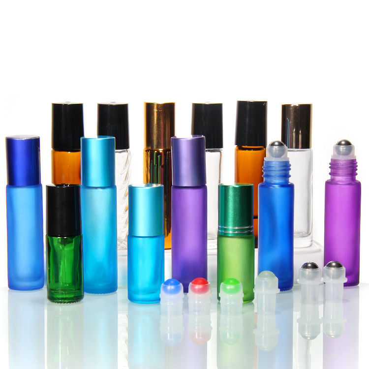 Garrafas de vidro congelado de 10 ml de cor arco-íris para óleo essencial com tampa escovada